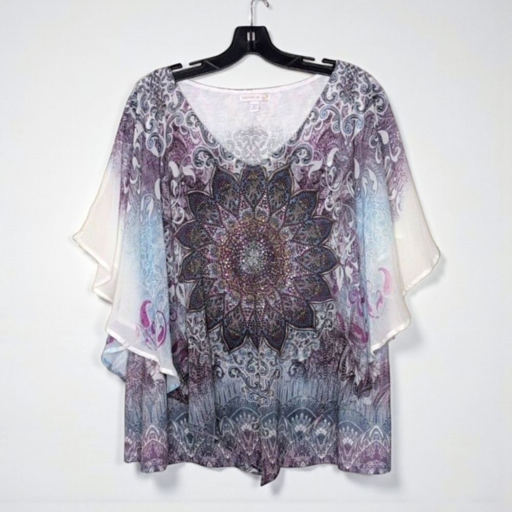 Westport 1962 2X Embellished Boho Overlay Attached Tank Top White Purple Floral